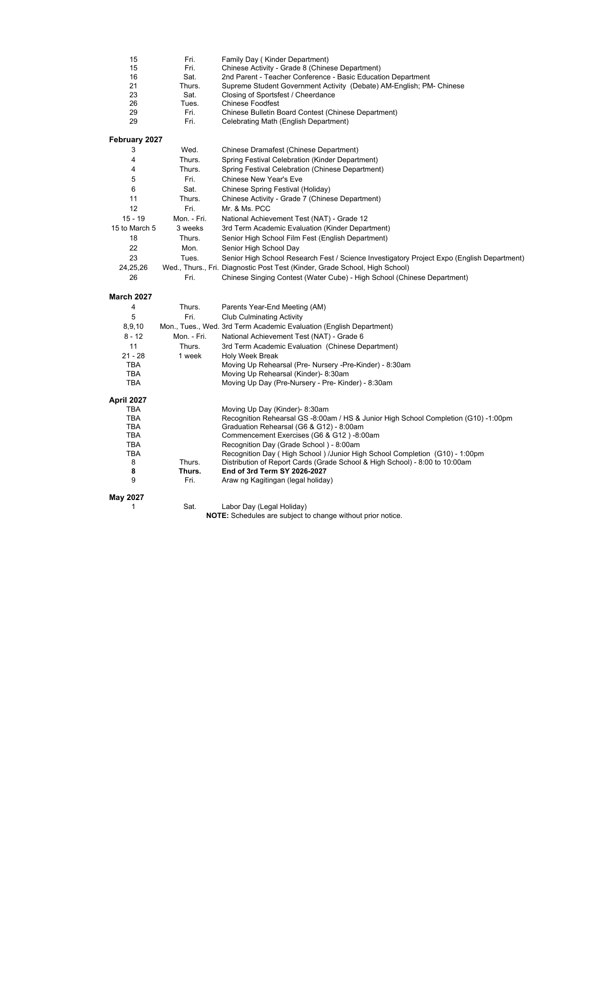 School year 2026-2027 Basic Education calendar in English, page 2. Open the PDF to read the complete schedule.